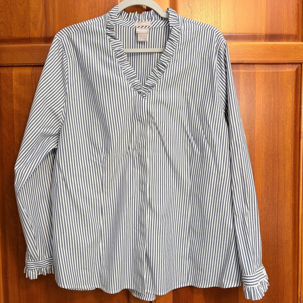 Chicos Chambray White Striped Ruffle V-Neck Long Sleeve Blouse chicos 3/size XL
